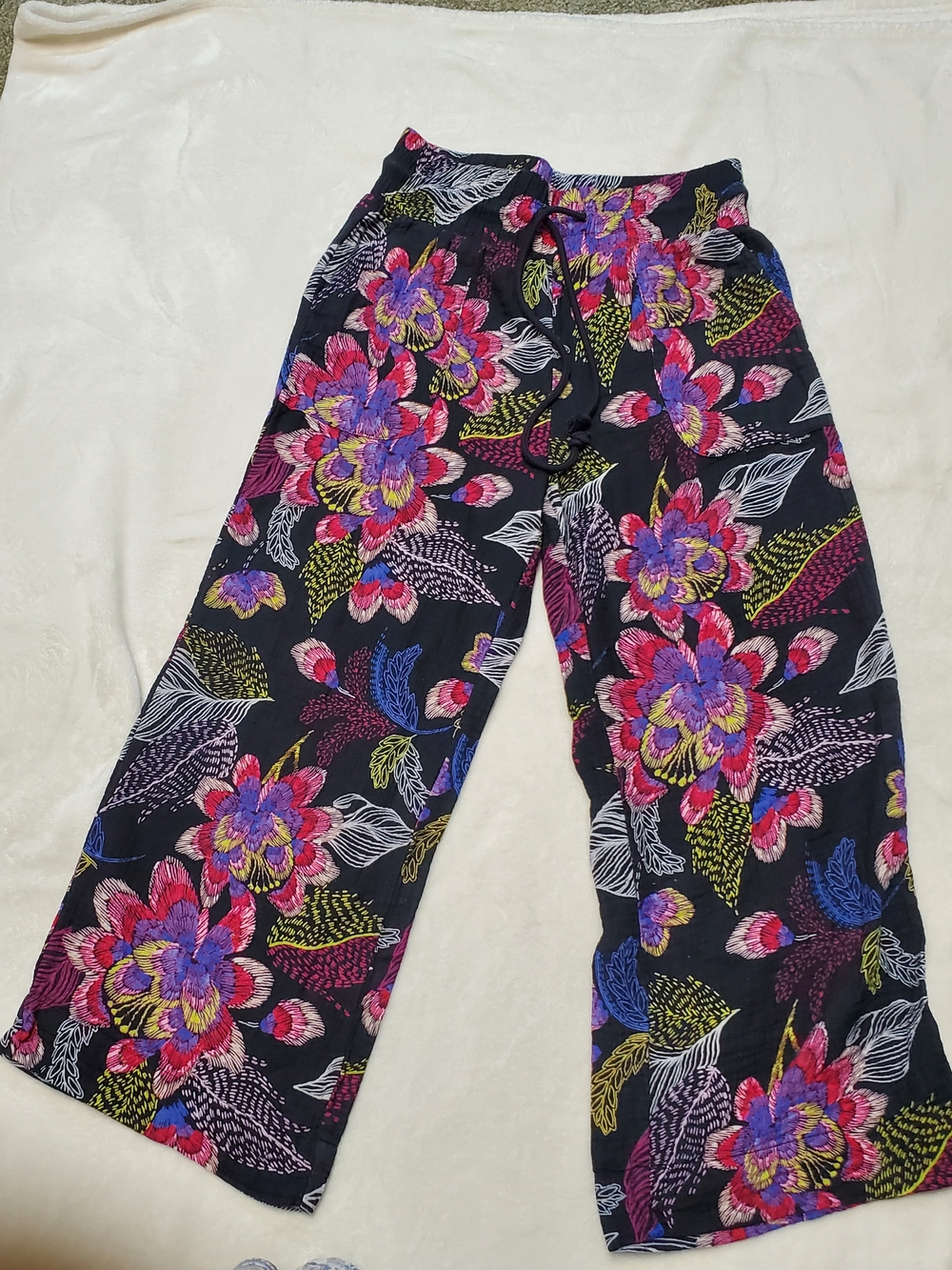 Black Floral Wide Leg Drawstring Pants with Pink & Purple Blooms